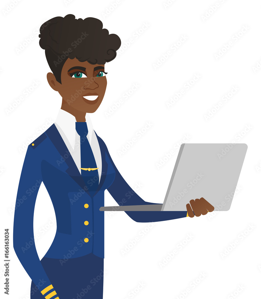Young african-american stewardess using laptop.