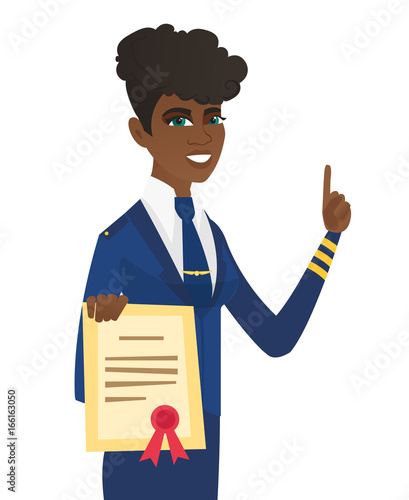 Young african stewardess holding a certificate.