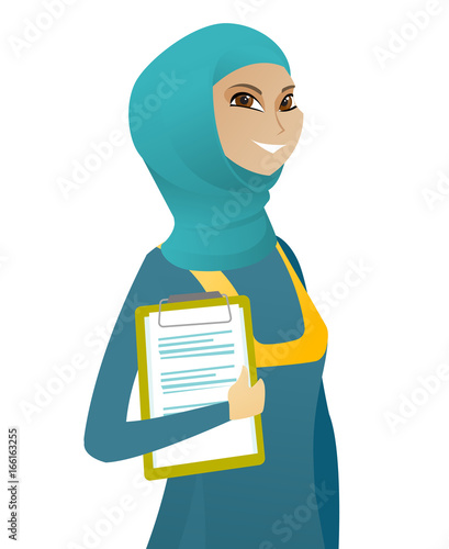 Business woman holding clipboard with documents.