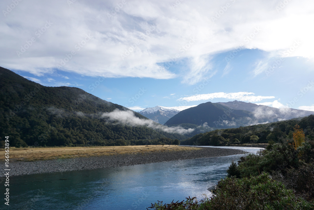Beautiful landscape of the meadow and river along the road in New Zealand