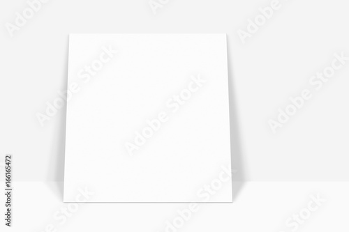 White paper square banner with drop shadow leaning with the white abstract wall background in empty room studio. gradient used for background with space for your text ,display picture of your product. © asiandelight