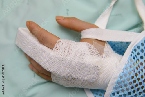 White medicine bandage on broken finger