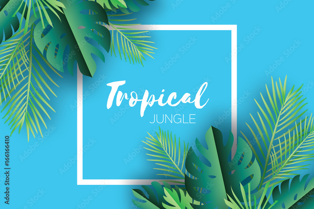 Trendy Summer Tropical palm leaves, plants. Paper cut style. Exotic Hawaiian summertime. Space for text. Square frame. Beautiful dark green jungle floral background.Monstera, palm. Vector
