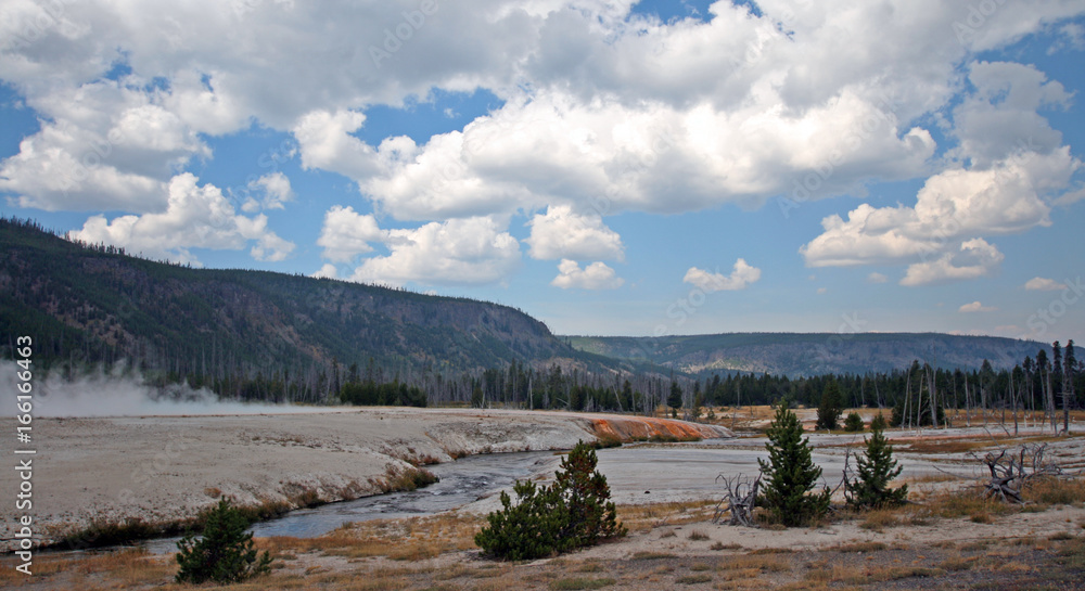 Iron Spring Creek flowing past Cliff Geyser in Black Sand Geyser Basin in Yellowstone National Park in Wyoming USA