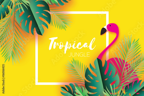 Trendy Summer Tropical palm leaves, plants. Paper cut style. Flamingo. Exotic Hawaiian summertime. Space for text. Square frame. Green jungle floral background.Monstera, palm.