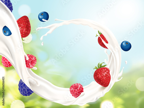 Flowing milk with fruits