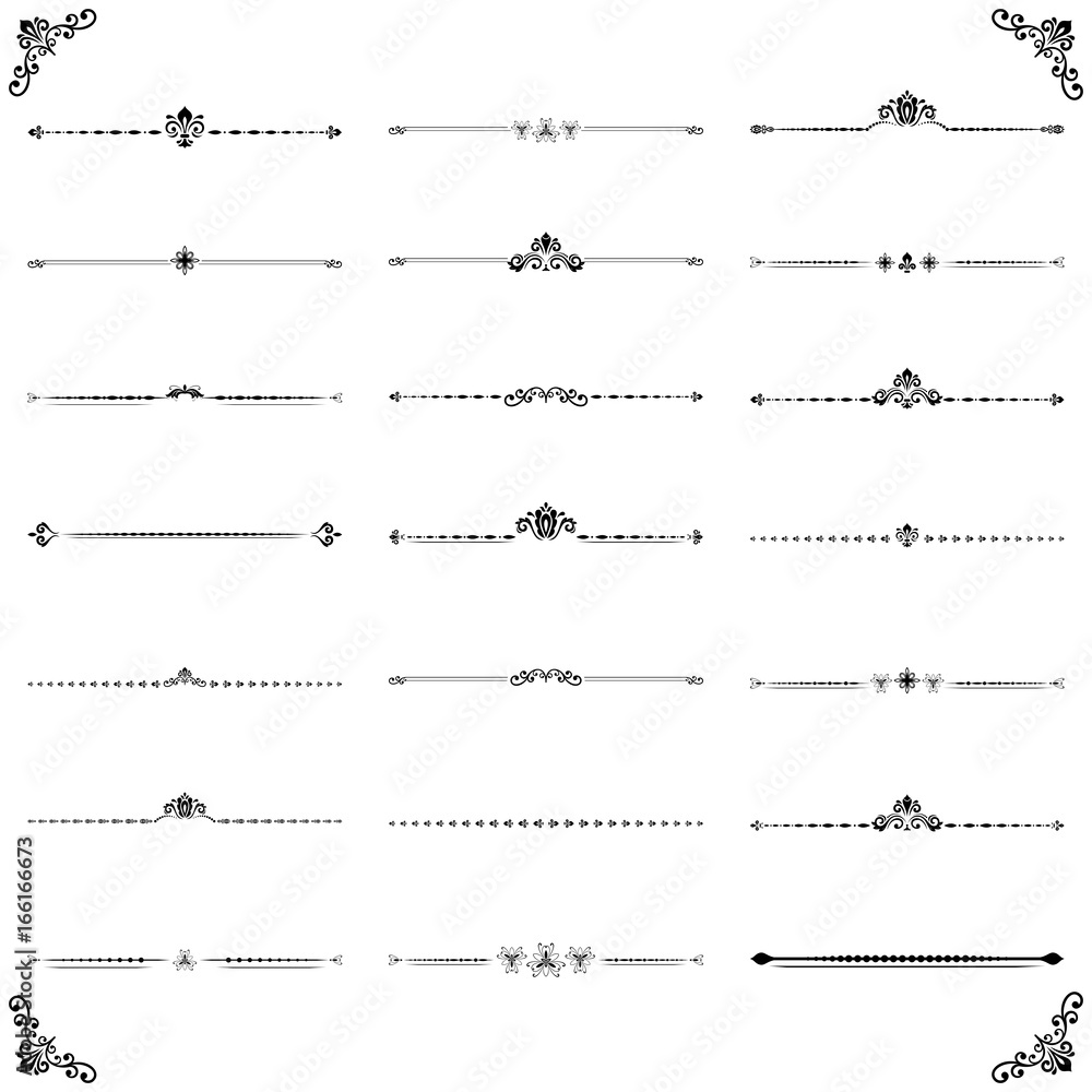 Vintage set of vector decorative elements. Horizontal separators in the frame. Collection of different ornaments. Classic black and white patterns. Set of vintage patterns