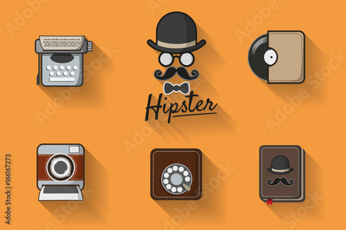 Hipster with mustache. Hipster icon vector theme set with vintage analog dial phone, record,  instant camera and typewriter. Vintage style for hipster logo decorate on website or phone background