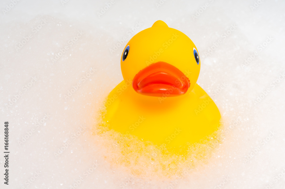Rubber duck and foam in bathtub Rubber duck and foam in bathtub