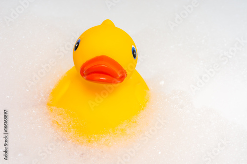 Rubber duck and foam in bathtub