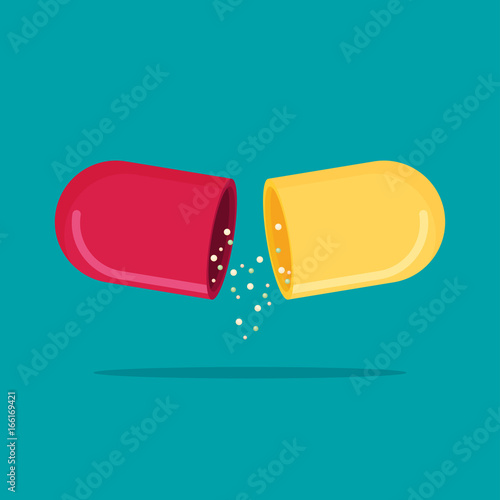 Flat vector open capsule pill isolated on color background