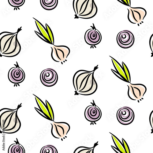 Onion doodle different types vector seamless pattern.