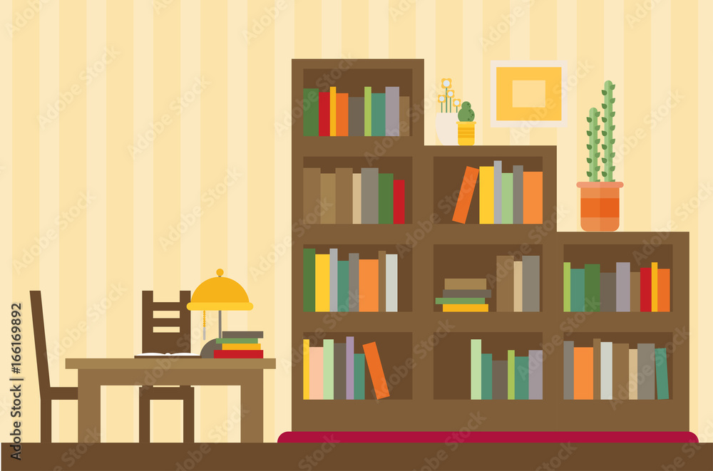 Cabinet and library. Books and knowledge. Vector flat illustration and icon set