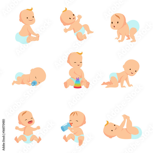 Infant baby vector characters. Newborn in different activity isolated on white