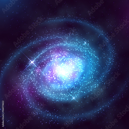 Spiral galaxy in outer space with starry blue sky vector illustration