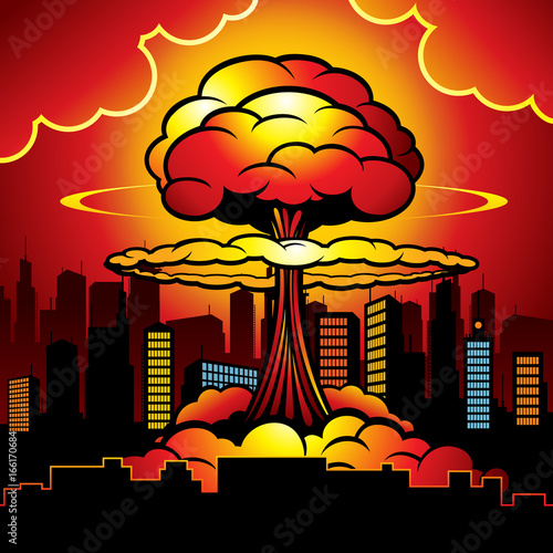 Burning city with nuclear explosion of atomic bomb. Cartoon vector illustration