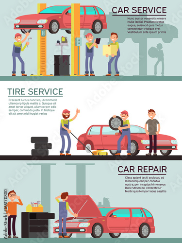 Car services and auto garag vector marketing banners with cartoon mechanic workers photo