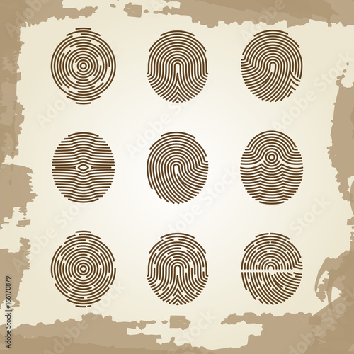 Fingerprint collection on grunge vintage backdrop