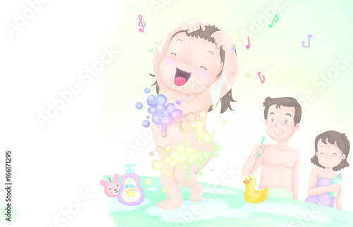 Cartoon Father, Mother and daughter taking bath with foam in bathroom