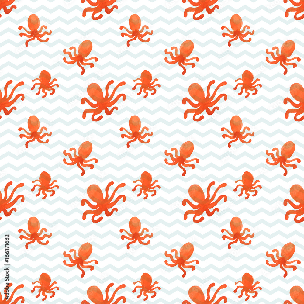 Sea watercolor seamless pattern with the image of waves and octopuses. Red sea pattern seamless background in watercolor. Seamless pattern with sea stars andoctopuses. Ocean, water, sea.