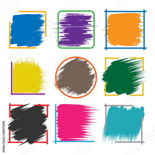 Colored brush stroke boxes. Color abstract vector inked brushed frames isolated on white background