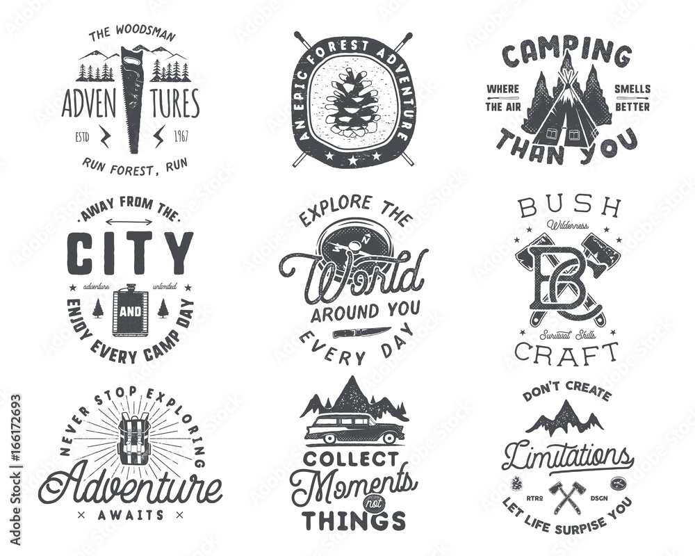 Vintage hand drawn travel badge and emblem set. Hiking labels. Outdoor adventure inspirational logos. Typography retro style. Motivational quotes for prints, t shirts. Stock vector design