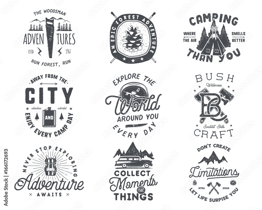 Fototapeta premium Vintage hand drawn travel badge and emblem set. Hiking labels. Outdoor adventure inspirational logos. Typography retro style. Motivational quotes for prints, t shirts. Stock vector design