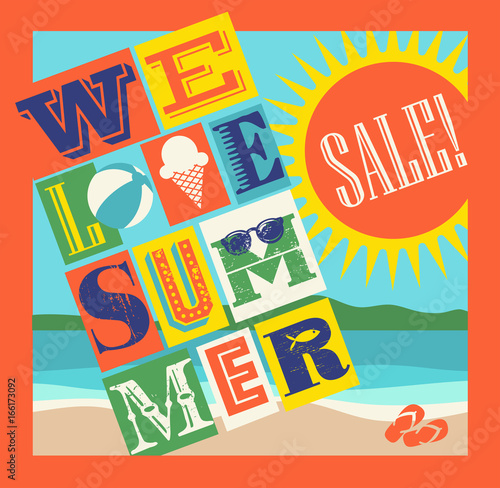 summer sale banner. colorful letter collage typography with beach and sun for web pages, posters, advertising. We love summer.