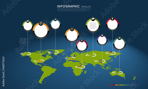 world map with colorful circles and pointers, infographic template