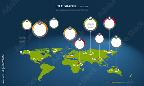 Fototapeta Naklejka Na Ścianę i Meble -  world map with colorful circles and pointers, infographic template