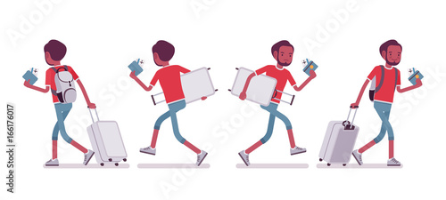 Black male tourist walking and running