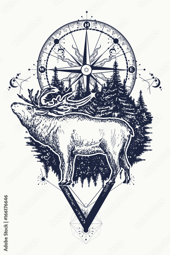 Reindeer and compass tattoo. Deer and compass ethnic tribal tattoo.  Adventure, travel, outdoors, symbol. Tattoo for travelers, climbers,  hikers, wild forest Stock Vector | Adobe Stock