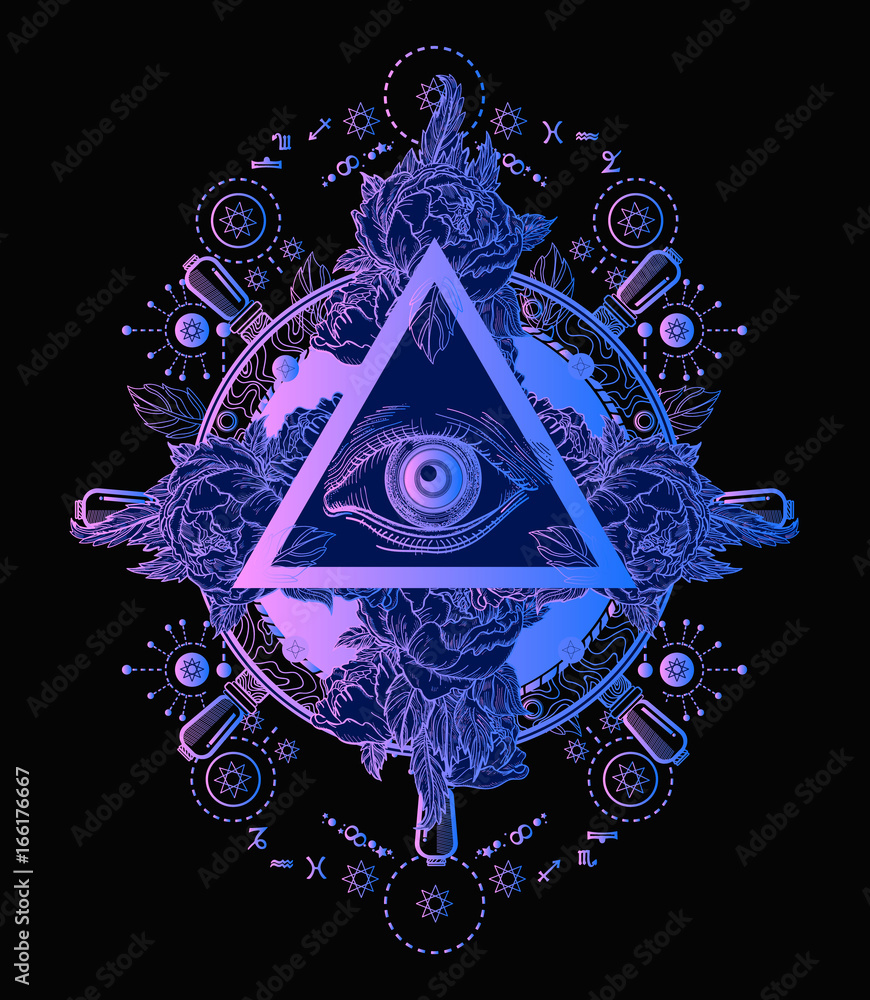 All seeing eye pyramid poster and t-shirt design. Freemason and spiritual  symbols. Alchemy, medieval religion, occultism, spirituality and esoteric  tattoo. Magic eye t-shirt design Stock Vector | Adobe Stock
