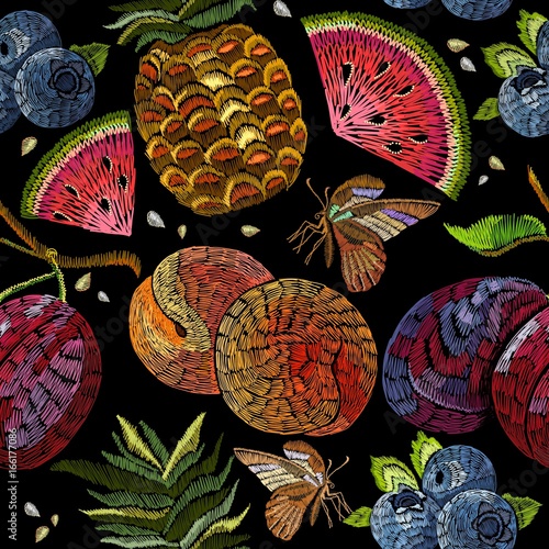 Embroidery fruit seamless pattern. Classic embroidery watermelon, pineapple, plums, berries, butterflies, summer seamless pattern. Template for clothes, textiles, t-shirt design