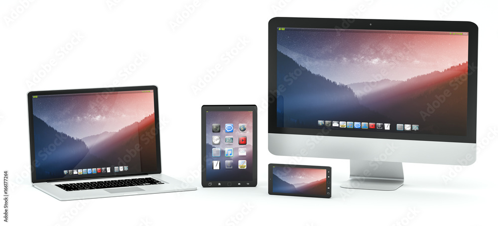 Modern computer laptop mobile phone and tablet 3D rendering Modern computer laptop mobile phone and tablet 3D rendering
