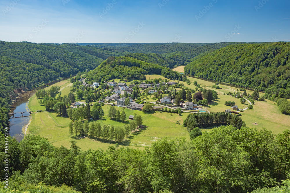 The village of Frahan surrounded by the meander of the Semois, seen from Rochehaut