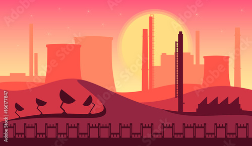 Industrial landscape. A factory in the desert and the sunset. Vector illustration.