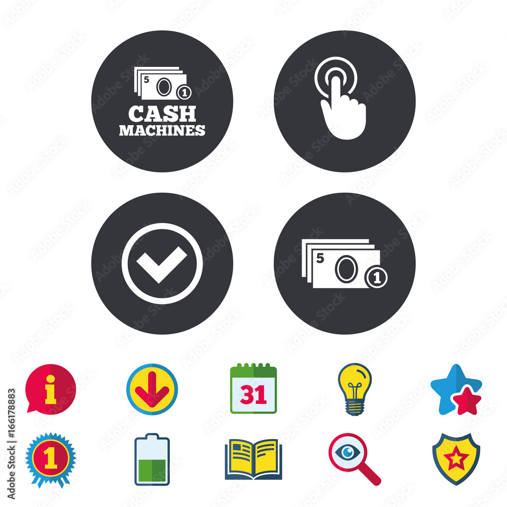 ATM cash machine withdrawal icons. Click here, check PIN number, processing and cash withdrawal symbols. Calendar, Information and Download signs. Stars, Award and Book icons. Vector ATM cash machine withdrawal icons. Click here, check PIN number, processing and cash withdrawal symbols. Calendar, Information and Download signs. Stars, Award and Book icons. Vector