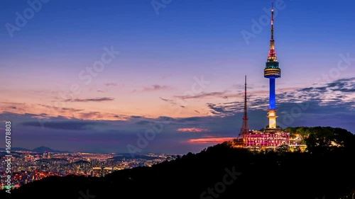 Time lapse of Seoul Tower in Seoul City Skyline,South Korea.