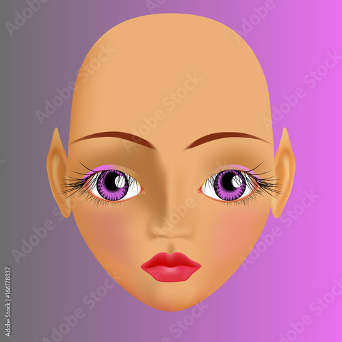 Sunburnt elf with big violet eyes with long dark eyelashes and plump pink lips. Calm expression.