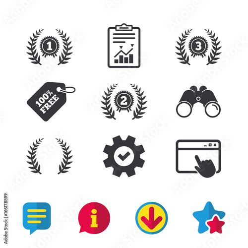 Laurel wreath award icons. Prize for winner signs. First, second and third place medals symbols. Browser window, Report and Service signs. Binoculars, Information and Download icons. Stars and Chat