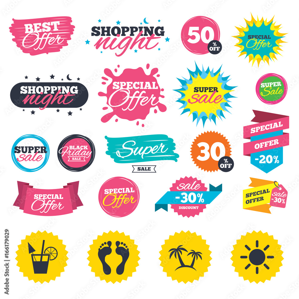 Sale shopping banners. Beach holidays icons. Cocktail, human footprints and palm trees signs. Summer sun symbol. Web badges, splash and stickers. Best offer. Vector