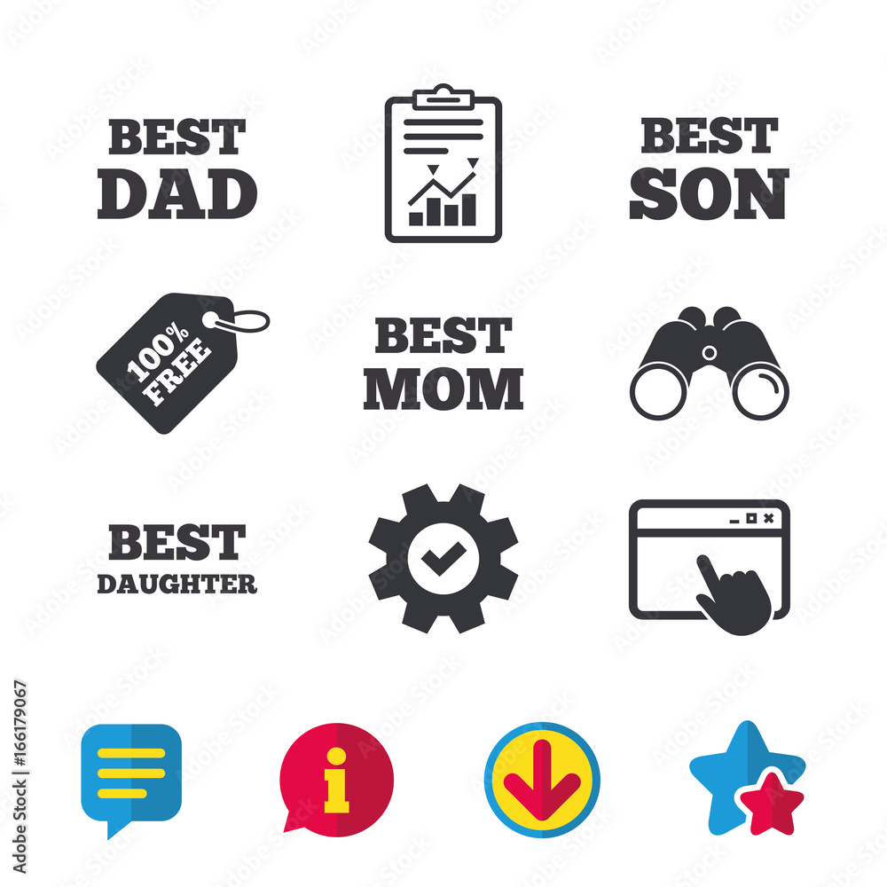 Best mom and dad, son and daughter icons. Award symbols. Browser window, Report and Service signs. Binoculars, Information and Download icons. Stars and Chat. Vector