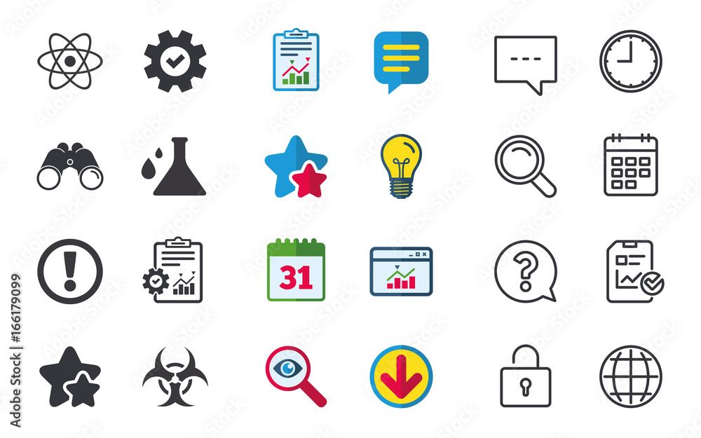Attention and biohazard icons. Chemistry flask sign. Atom symbol. Chat, Report and Calendar signs. Stars, Statistics and Download icons. Question, Clock and Globe. Vector