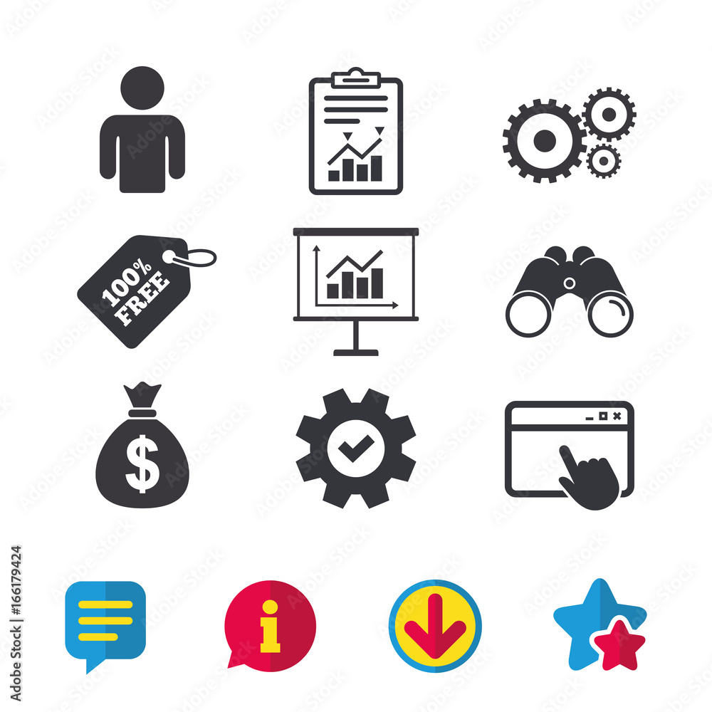 Business icons. Human silhouette and presentation board with charts signs. Dollar money bag and gear symbols. Browser window, Report and Service signs. Binoculars, Information and Download icons Business icons. Human silhouette and presentation board with charts signs. Dollar money bag and gear symbols. Browser window, Report and Service signs. Binoculars, Information and Download icons