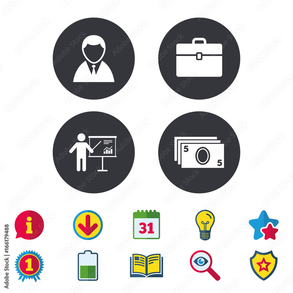 Fototapeta premium Businessman icons. Human silhouette and cash money signs. Case and presentation with chart symbols. Calendar, Information and Download signs. Stars, Award and Book icons. Light bulb, Shield and Search