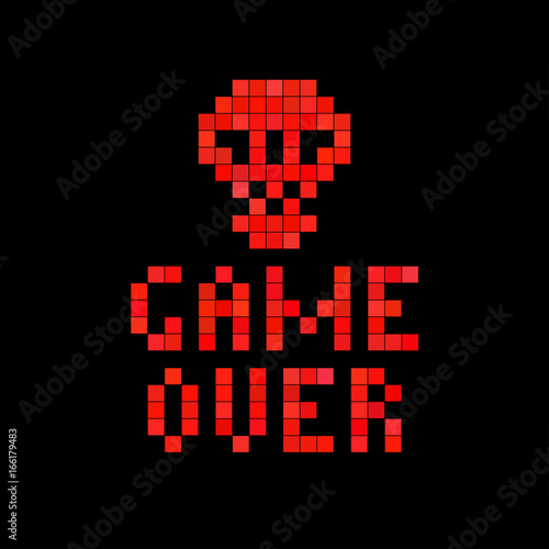 Game over. Red pixel skull on black screen. Pixel art background.  Retro video games icon.