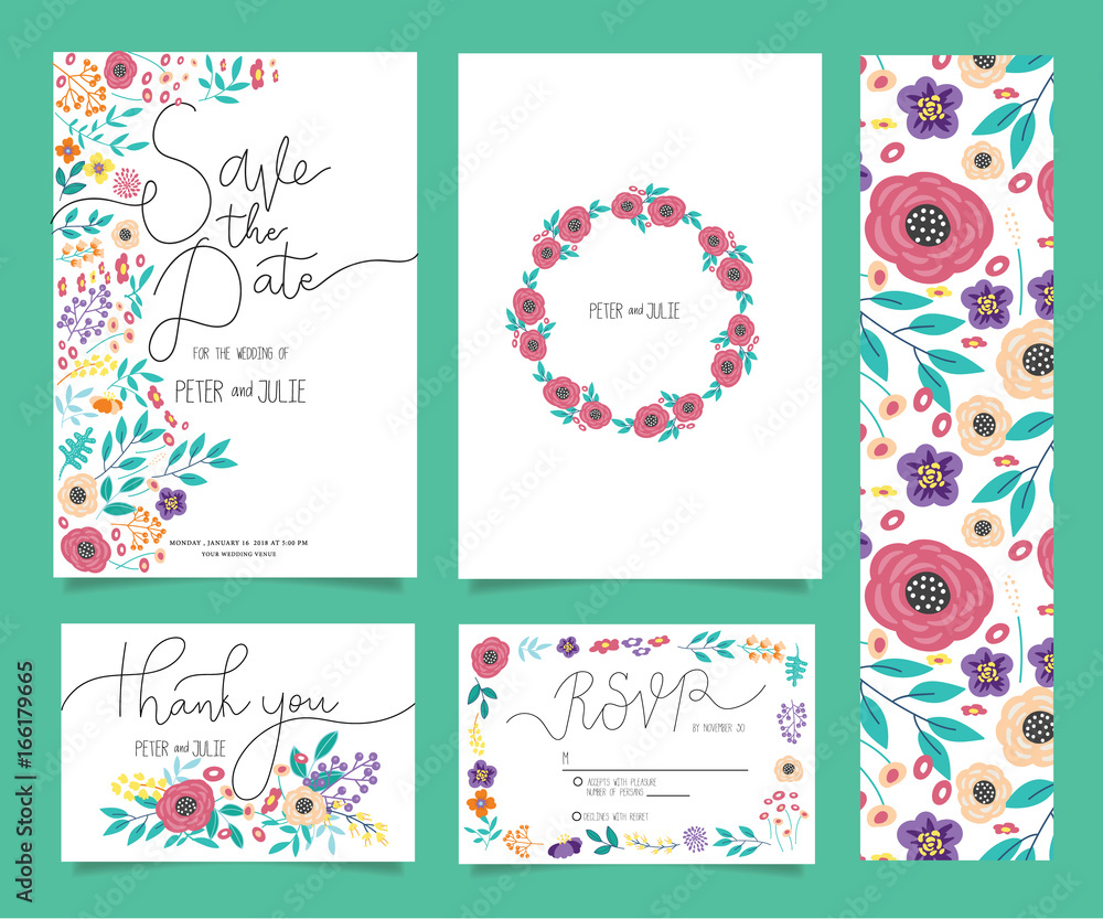 Wedding invitation card set with flower