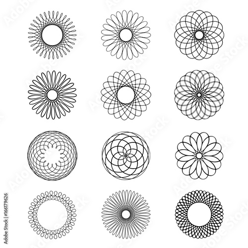 Geometric circular ornament Spirograph flower Draw Black Tattoo Vector