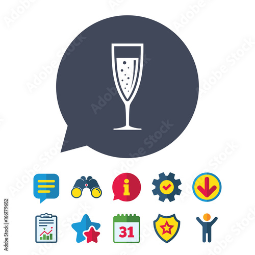Glass of champagne sign icon. Sparkling wine with bubbles. Celebration or banquet alcohol drink symbol. Information, Report and Speech bubble signs. Binoculars, Service and Download, Stars icons